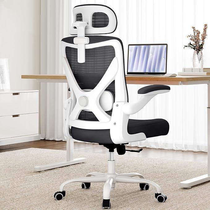 Ergalithic Ergonomic Office Chair - Computer Desk Chair with Adjustable Lumbar Support - 300lbs Executive Desk Chair High Back with Headrest Flip-Up Arms for Long Hours, Rolling Chair (White Black)