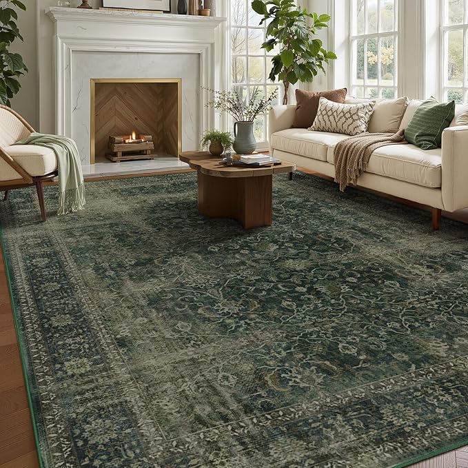 Dark Green 9x12 Large Area Rug for Living Room, Washable Low Pile Rug for Dining Room Under Table, Non Slip Thin Big Carpet Rugs for Bedroom, Moody Green with Brown Accents