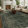 Dark Green 8x10 Rugs for Living Room, Vintage Distressed Large Rug for Bedroom Under Bed, Washable Non Slip Low Pile Moody Earth Tone Carpet Rugs for Dining Room Home Office