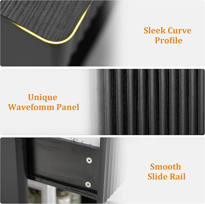 Nasonet Fluted Nightstand Charging Station,Wood Modern Night Stands Storage Cabinet for Bedroom, Black Bedside Table with Drawers