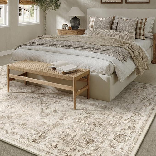 7x9 Washable Neutral Area Rug Beige Vintage Living Room Bedroom Carpet Non-Slip Soft Low Pile Farmhouse Indoor Throw Rug for Dining Room Entryway Office