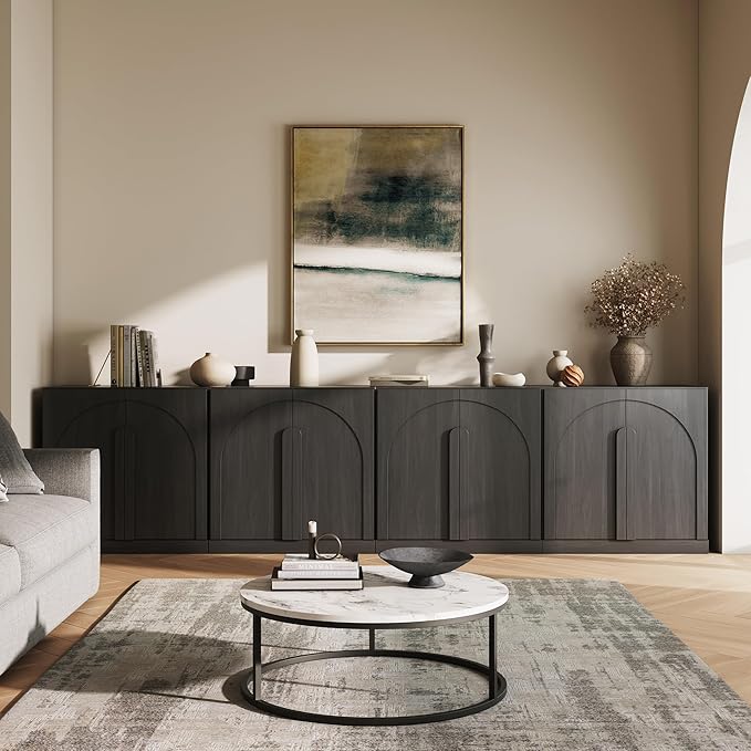 BELLEZE Bijou Set of 4 Wall-to-Wall Storage Cabinets (126" Wide) - Grand Sideboard Buffet System w/8 Arched Doors - Massive Entertainment Center & Display Console for Living Room, Office, Ebony