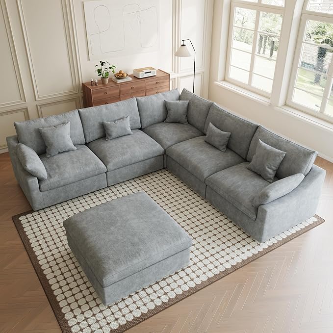 Modular Sectional Sofa Cloud Couch, Oversized 5 Seater Couch with Ottomans, Extra Large V Shaped Deep Seat Couches for Living Room, Sofa Covers Washable&Removable, Grey