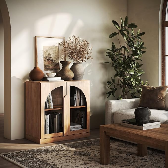 BELLEZE Bijou 31.5" Modular Sideboard Cabinet & TV Stand Console - Expandable Design w/Arched Glass Doors - Use Solo or Combine for Buffet, Living Room Media Center & Entryway - 70lbs Capacity, Camel