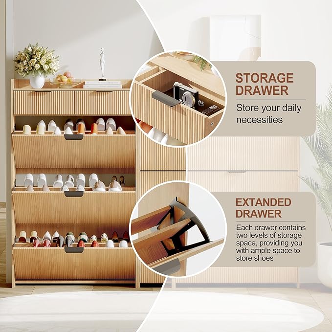 IDEALHOUSE Modern Shoe Cabinet with 3 Flip Drawers & 2 Small Drawers & Hook, Slim Fluted Shoe Storage Organizer, Narrow Entryway Cabinet for Apartment, (Wood Color, 3 Flip Drawers)