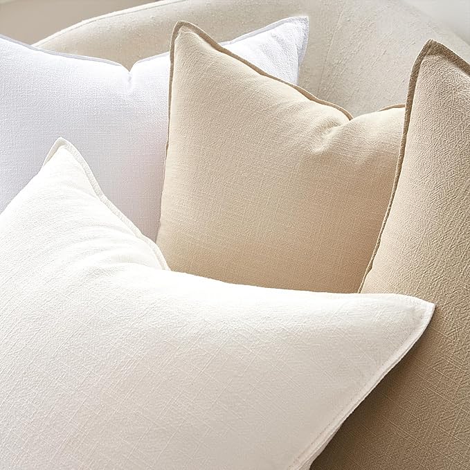Neutral Pack of 4 Solid Linen Pillow Covers Decorative Modern Press Edge Design Throw Pillow Covers Soft Accent Boho Couch Pillowcases Farmhouse for Living Room Bed Sofa 16x16 Inch