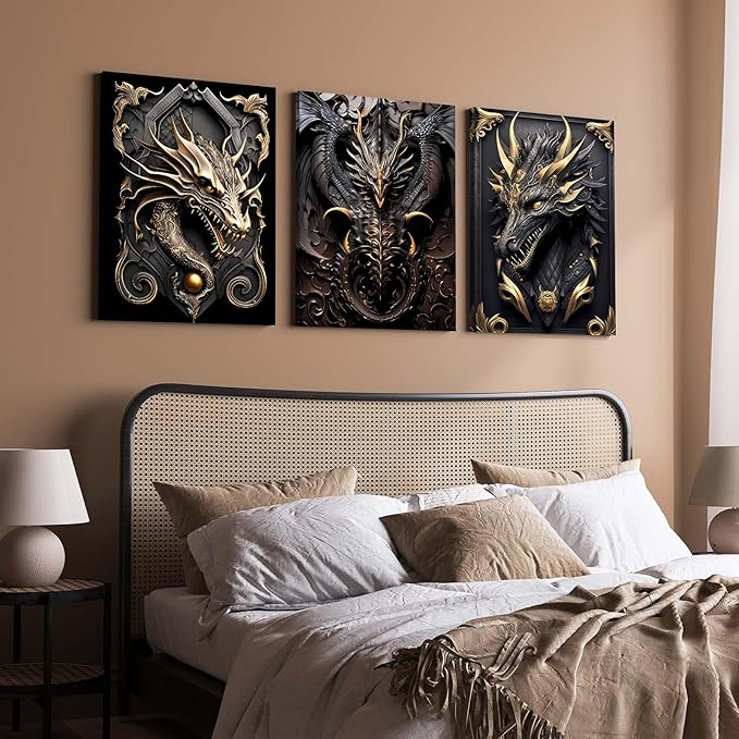 3 Piece Wall Art Framed Canvas Wall Art Modern Abstract Dragon Pictures with Black and Gold Design, Home Decor for Living Room, Bedroom, Office, Gaming Room – Room Decoration with Hooks and Nails, 12x16 Inch