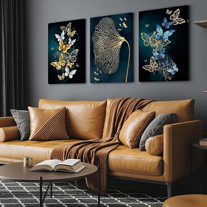 Modern Abstract Gold and Blue Butterfly Leaf Wall Art, 3 Piece Framed Canvas Set for Living Room Bedroom Office Wall Decor, 12x16 Inch, with Hooks and Nails