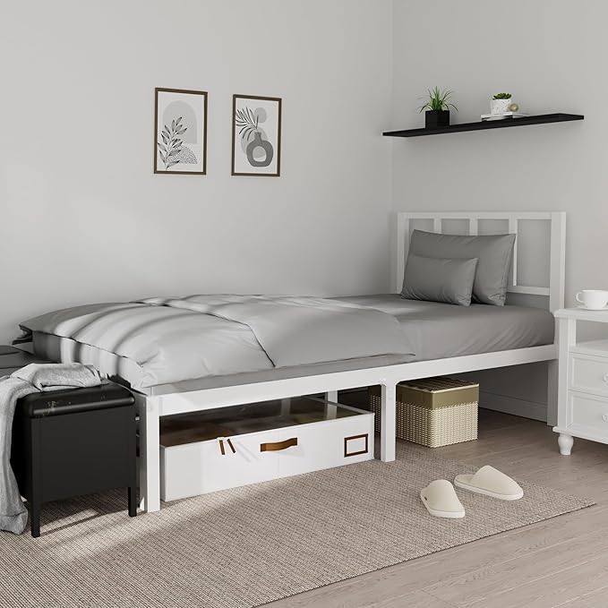 14 Inch Bamboo Bed Frame – Solid Wood Platform Bed Frame, Strong and Stable, with Non-Slip Slats for Support, No Box Spring Needed, Easy to Assemble, Noise-Free (White, Twin with Headboard)