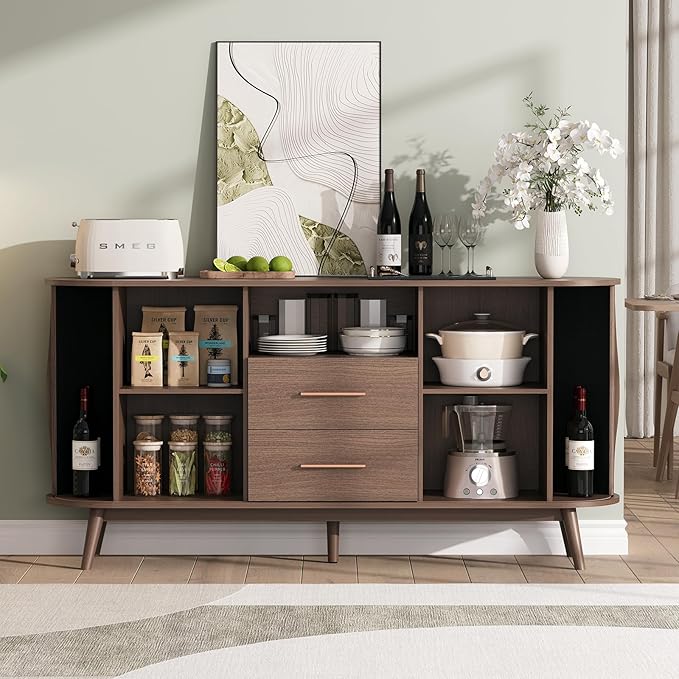 JOINICE 63" Fluted Storage Cabinet for Living Room,Mid-Century Modern Sideboard with Sliding Doors, Walnut Buffet Cabinet with Drawers & Solid Wood Legs, Large Accent Credenza for Home, Dining Room
