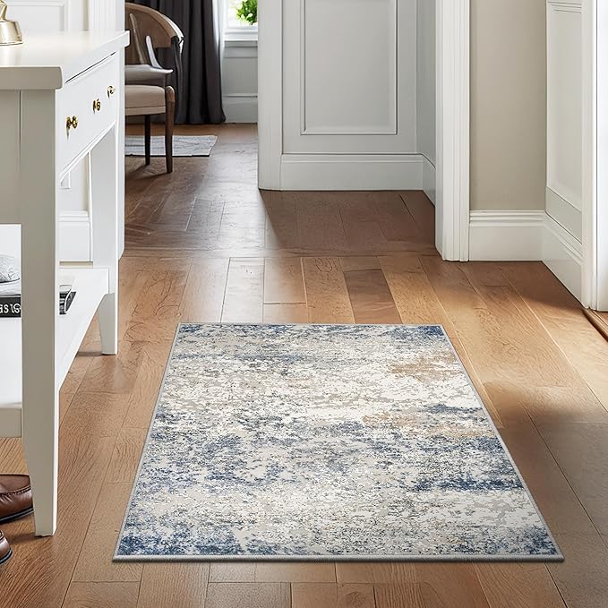 Art&Tuft 2x3 Washable Rug, Low Pile Abstract 2x3 Entryway Rug, Anti-Slip Backing Small Door Mat Pet Friendly for Front Door, Entrance, Kitchen, Bathroom, Laundry, Blue