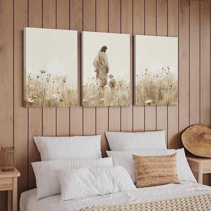 Jesus Leaves the 99 Sheep Wall Art Christian Canvas Poster Jesus and Lamb Wall Decor Religious Pictures Lost Sheep Painting God Christ Painting Artwork for Bedroom Living Room 12x16x3 Inch Ready to Hang