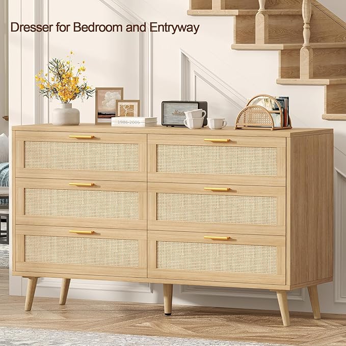 Rovaurx Rattan 6 Drawer Double Dresser for Bedroom, 47.2" Wide Boho Chest of Drawers, Modern Wooden Dresser Chest with Golden Handles, Beside Table for Closet, Living Room and Entryway, Natural Oak