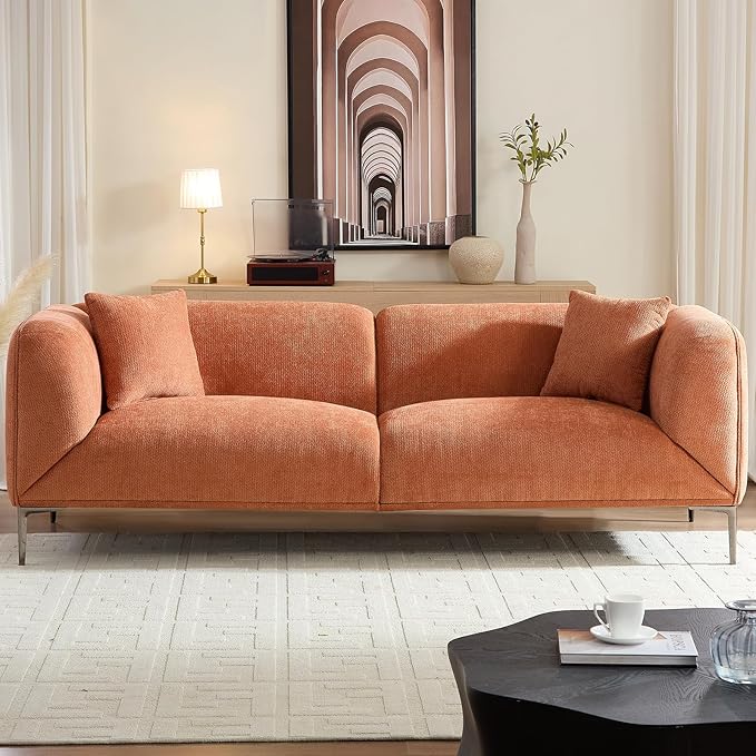MEETAKING 82.7" Modern Boucle Sofa, 3-Seater Upholstered Couch with Metal Legs, Luxury Deep Seats Cloud Curved Sofas, Minimalist Comfy Couches for Living Room, Apartment, Home Office, Bedroom - Orange