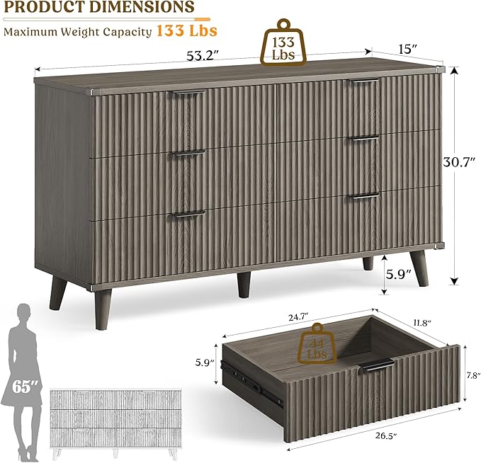 Lulive Wood Dresser for Bedroom with 6 Drawers, 53.2" Long Fluted Modern Chest of Drawers Storage Organizer, Dressers TV Stand for Living Room, Closet, Hallway (Dark Grey Oak)