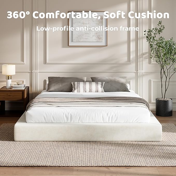 RECCI AirFrame King Size Bed Frame, Cloud Upholstered Platform Bed Frame, 5 Inch Fully Boxy Foam Cushioned, Square Shape Base, No Box Spring Needed, Easy Assembly | Beige Chenille, Soft Low-Profile