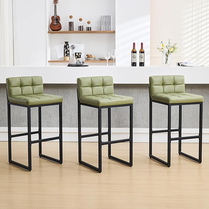 FIRAVOE Bar Stools Set of 3, Modern Tall Counter Height Barstools with Back and Thickened Metal Legs, 30" Faux Leather Bar Chairs for Kitchen Island, Bar, Counter (Avocado Green, 3Pcs 30" Bar Stools)