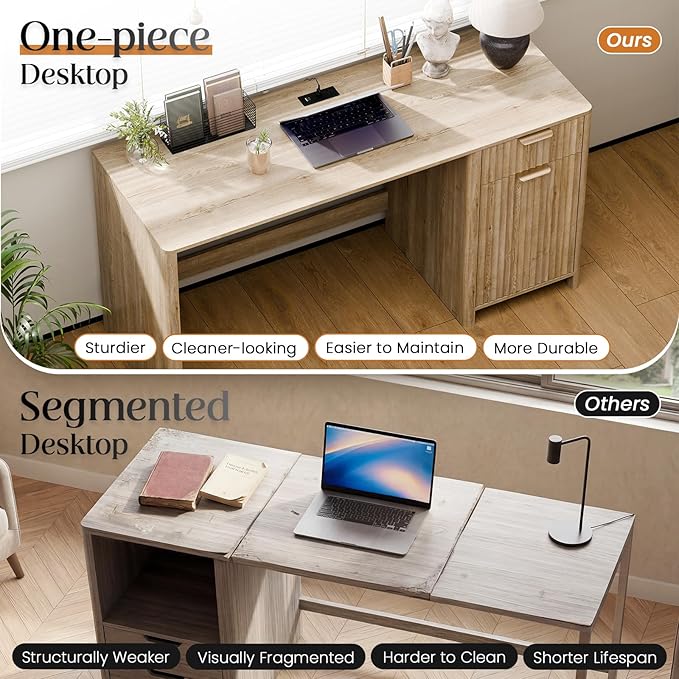 60" Fluted Home Office Desks with Storage, Modern Executive Desk Computer Desk with Drawer & Cabinet, Wood Work Desk for Office, Bedroom, Study, Living Room, Oak