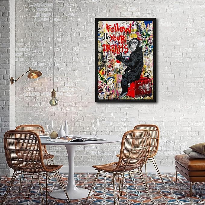 Banksy Canvas Wall Art Monkey Follow Your Dreams Street Graffiti Wall Art Banksy Prints Gorilla Poster Monkey Artwork Graffiti Pictures Painting for Home Living Room Decor 12x16 Inch Black Framed