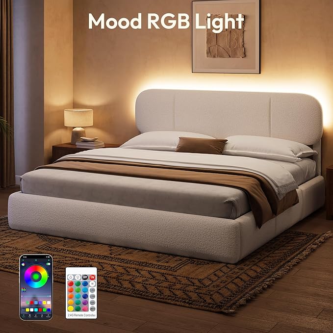King Size Bed Frame with Storage, Boucle Cloud Bed with 4 Locking Drawers & LED Lights, Modern Upholstered Platform Bed, Plush Sides & Footboard, Adjustable Headboard, No Box Spring, Cream