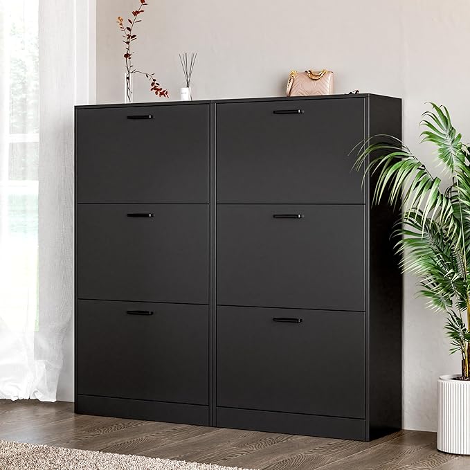 Shoe Cabinet with 3 Flip Drawers, Narrow Freestanding Shoe Organizer, Hidden Slim Shoe Storage Cabinet for Entryway, Hallway, Living Room, Black