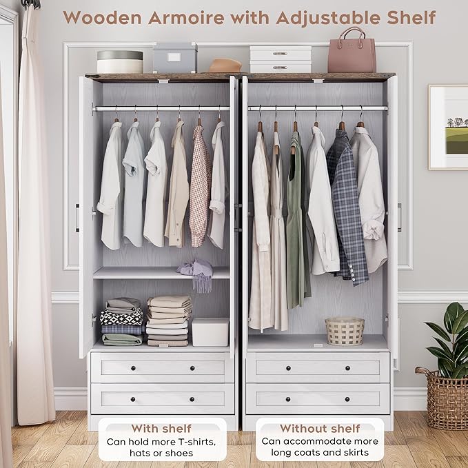 Brafab Armoire Wardrobe Closet with 2 Modern Doors Set of 2, 71" Tall Freestanding Closet Wardrobe Cabinet with Drawers and Hanging Rail, Light Wooden Storage Cabinet with Shelve for Bedroom, White