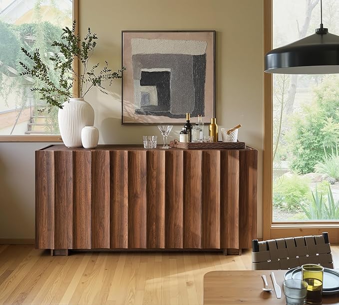 win2win Buffet Cabinet with Storage, Mid Century Modern Sideboard with Wave Design, Wood Grain Finish, Credenza with Adjustable Shelves, Modular Cabinets for Living Dining Room Hallway, Walnut