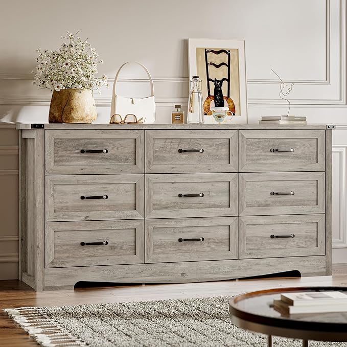 BORNOON 9-Drawer Dresser for Bedroom, Modern Wooden Chest of Drawers with Metal Handles, Anti-Tipping Design, Sturdy and Stable Storage Organizer for Living Room, Entryway, Home Office