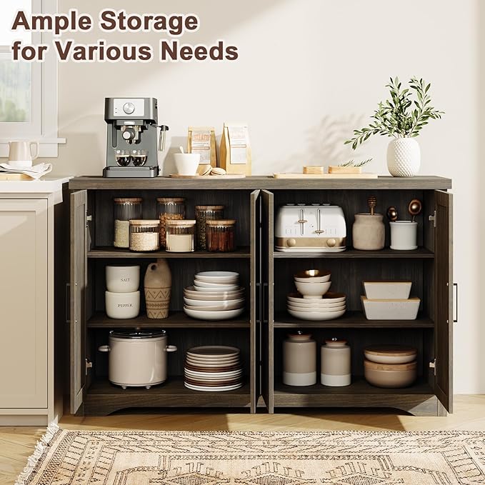 Memobarco Fluted Buffet Cabinet with Storage Accent Sideboard,Modern Credenza with 4 Doors & Adjustable Shelves,Wood Coffee Bar Table Console for Dining Room Kitchen Living Room Entryway,Gray
