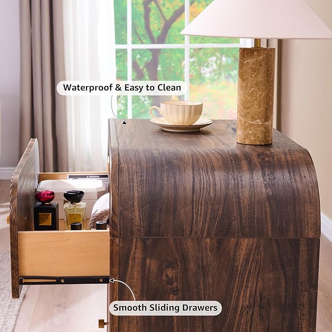 T4TREAM Fluted Dresser with 3 Drawers, 32" Tall Modern Chest of Drawers with Thickened Curved Profile Design, Wood Closet Clothes Storage Organizer for Bedroom, Living Room, Hallway, Dark Walnut