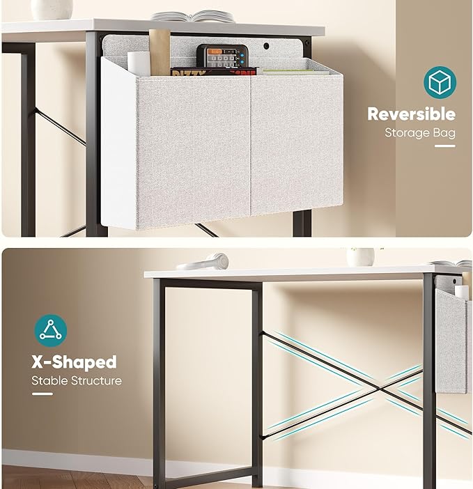 OLIXIS Computer Desk 31 Inch Home Office Desks for Small Spaces, Gaming Writing Study Work Table with Storage Bag and Headphone Hook for Bedroom, White