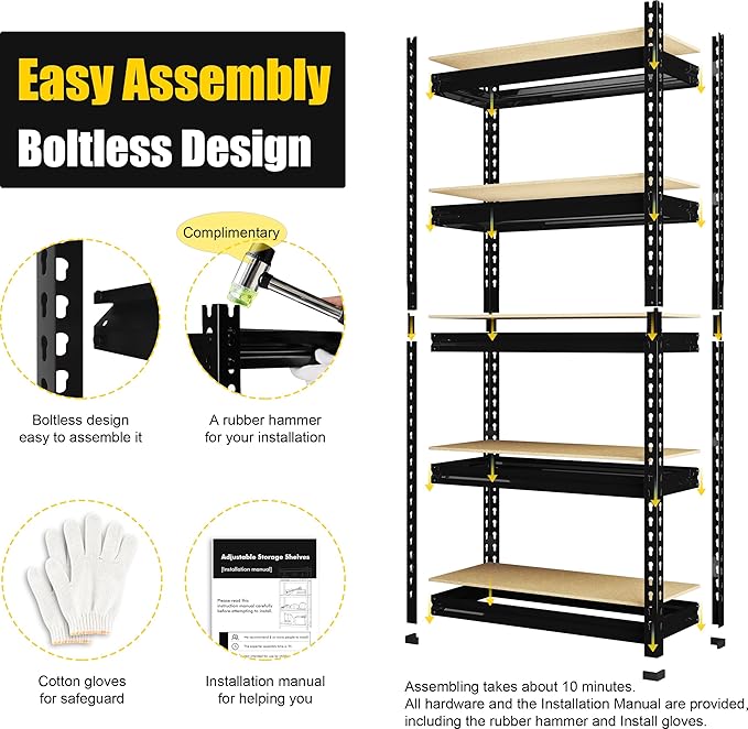 PrimeZone Storage Shelves 6 Pack 5 Tier Adjustable Garage Storage Shelving, Heavy Duty Metal Storage Utility Rack Organizer Shelf Unit for Warehouse Pantry Closet Kitchen Basement, Black