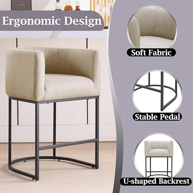 ClinQ 26" H Counter Height Bar Stools Set of 6, Modern Barrel Counter Stools with Backrest and Arms, Black Metal Frames, Linen Fabric Upholstered Accent Barstools for Kitchen Island, Camel