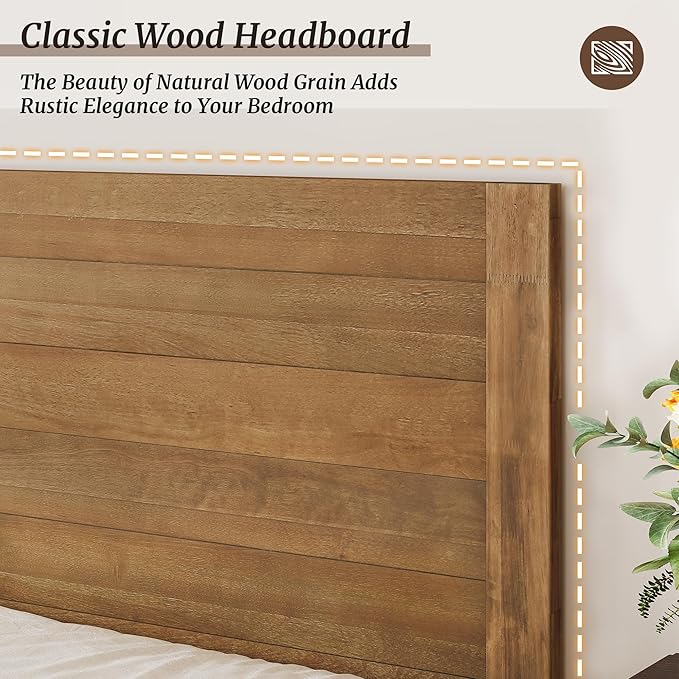 Cozyman Queen Bed Frame with Headboard, 100% Solid Acacia Wood Platform, 800lb Heavy Duty Support with 10 Reinforced Legs, Noise-Free No Box Spring Needed, Low-Profile Design, Dark Wood