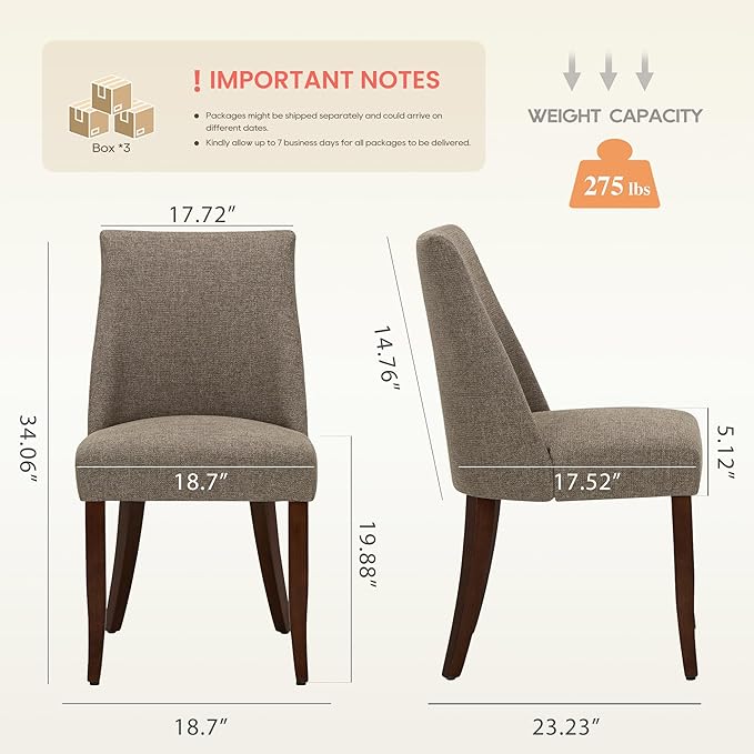 Wooden Dining Chairs Set of 6, Upholstered Farmhouse Fabric Dining Room Chair, Mid Century Kitchen Chair for Restaurant & Cafe, Brown