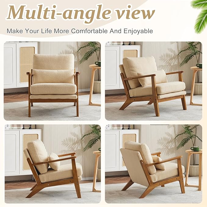VINGLI Solid Wood Wide Armrests Accent Chair,Upholstered Mid Century Modern Chair with Pillow,Comfy Reading Chair Farmhouse Arm Chair,Chairs Living Room,Bedroom,Guest Room,Teddy Fleece,Khaki