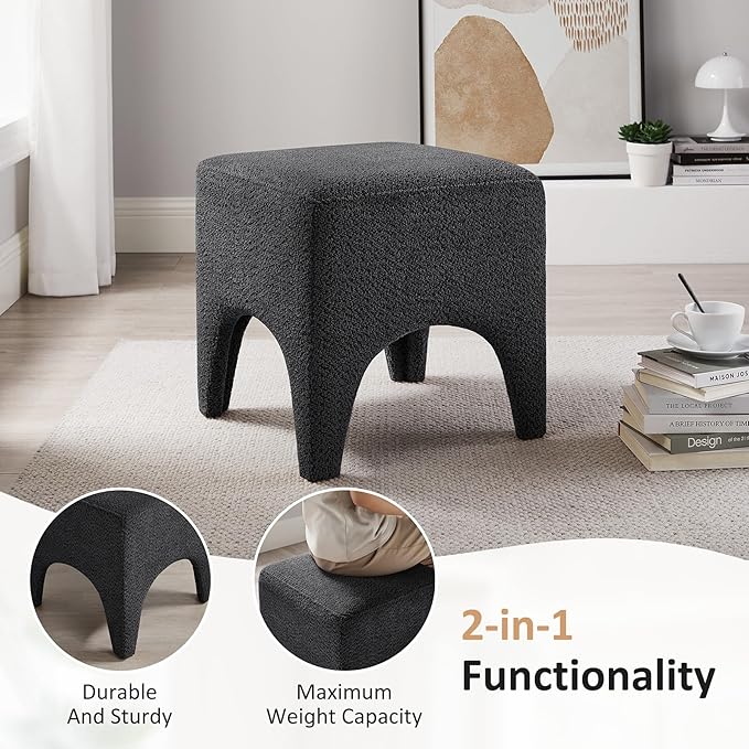 17" Boucle Modern Square Foot Stool Ottoman, Vanity Stool for Makeup, Rectangle Foot Rest for Couch, Upholstered Ottoman Stool for Living Room, Bedroom, Entryway (2, Dark Grey)