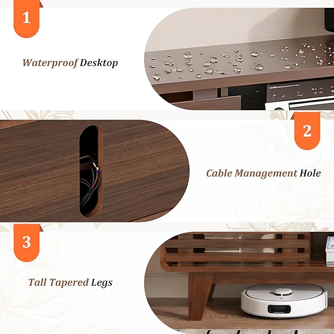 Luoxiao 55" Mid Century Modern TV Stand for 55 60 65 Inch TV, Walnut Media Console with Slatted Sliding Doors, Retro Wood Entertainment Center with Storage Shelves for Living Room, Bedroom