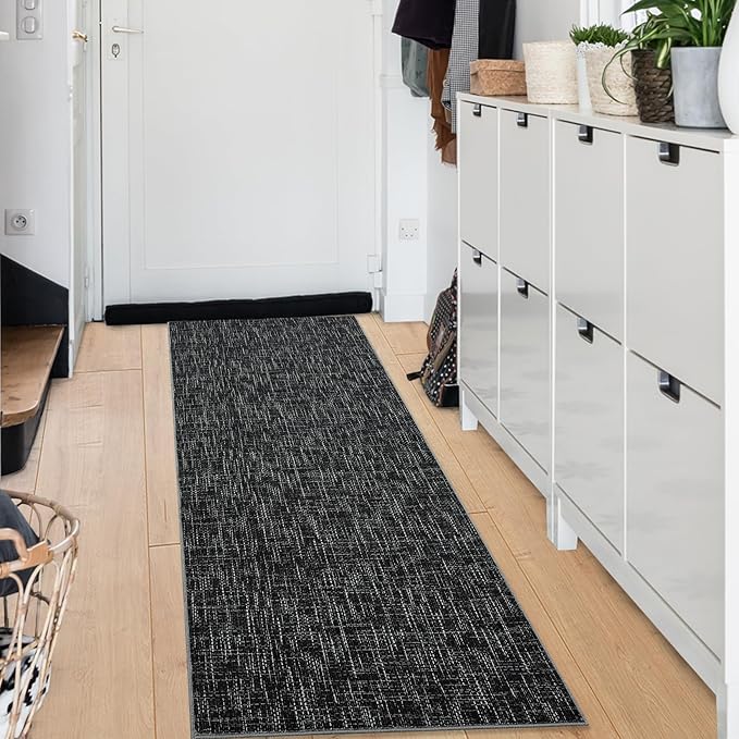 RUGSREAL 2x6 Runner Rug Washable Kitchen Runner Rug Modern Abstract Runner Mat for Hallway Contemporary Solid Rug Non-Slip Foldable Aesthetic Accent Floor Carpet for Living Room Bedroom, Black