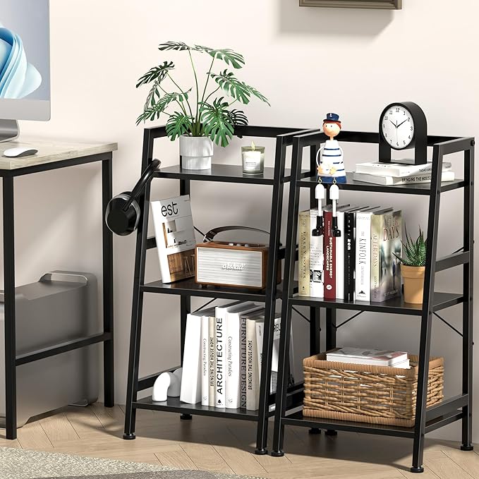 3-Tier Bookshelf, Ladder Shelf, Stand up Shelves, Industrial Bookcase with Steel Frame, Metal Small Bookcase, for Living Room, Home Office, Kitchen, Bedroom, Industrial Style（Black）