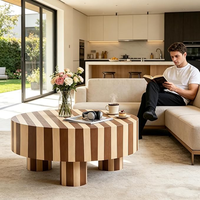 31.5" Modern Round Wood Coffee Table MDF Center Table Striped Design Modern Dinning Table for Living Room, Office, Apartment.(Stripes)