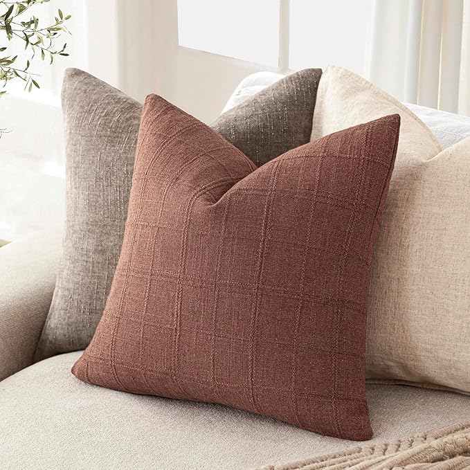 Foindtower Set of 2 Decorative Linen Check Throw Pillow Covers Neutral Farmhouse Vintage Cushion Covers Modern Boho Home Decor for Sofa Chair Couch Bedroom Living Room,22×22 Inch,Autumnal Red