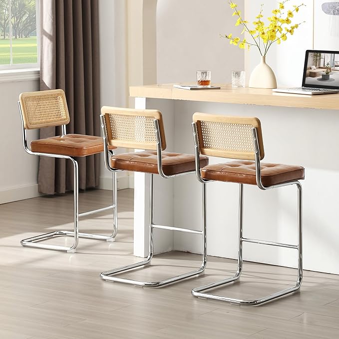 Zesthouse Natural Rattan Counter Stools Set of 3, 26" Mid Century Modern Bar Stools with Solid Wood Frame & Chrome Base, Upholstered Faux Leather Counter Height Barstools for Kitchen Island, Brown