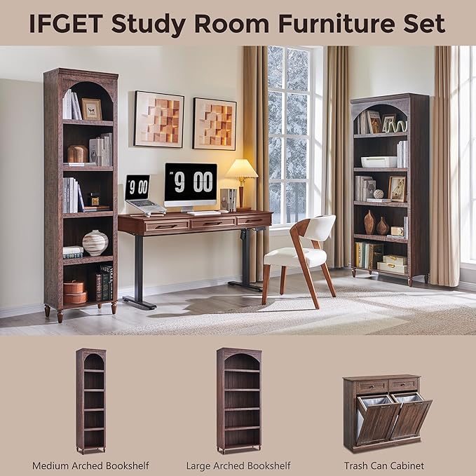 IFGET 76" Tall Arched Bookcase, Farmhouse 5 Tiers Large Arched Bookshelf Cabinet with Adjustable Shelves, Modern Wooden Book Shelf w/Storage and Open Display Shelves for Living Room, Office-Brown
