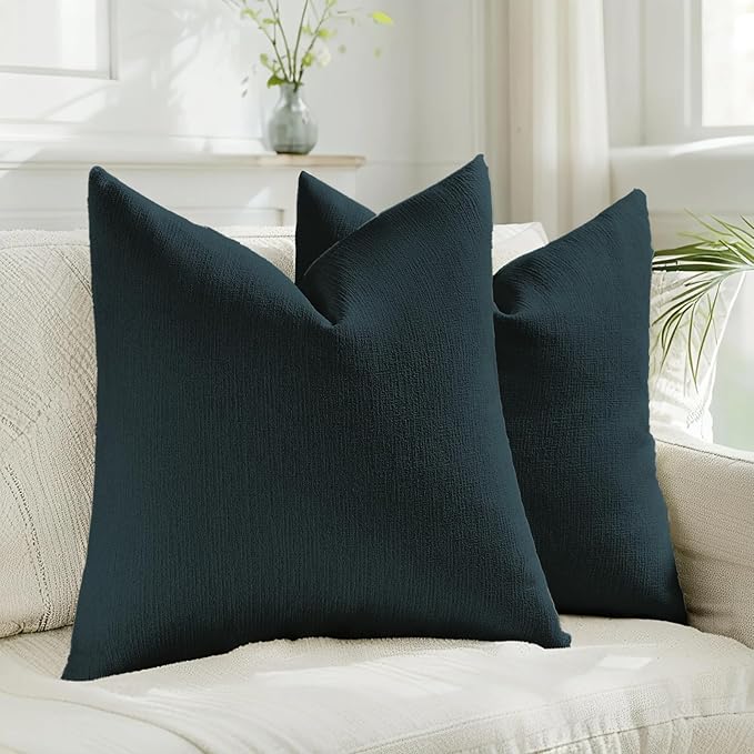 HAUSSY Navy Blue Throw Pillow Covers 22x22 Inch Set of 2,Boho Decorative Faux Linen Throw Pillows Cozy Farmhouse Accent Cushion Covers,Home Decor for Couch Sofa Bed Living Room