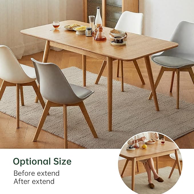 47’’-63’’ 100% Oak Extendable Dining Table and Chairs Set for 4, Solid Wood Folding Kitchen Table, Mid Century Modern Dinner Table for Kitchen, Living Room, Natural (47''-63''+4 Cushion Chairs-YB)
