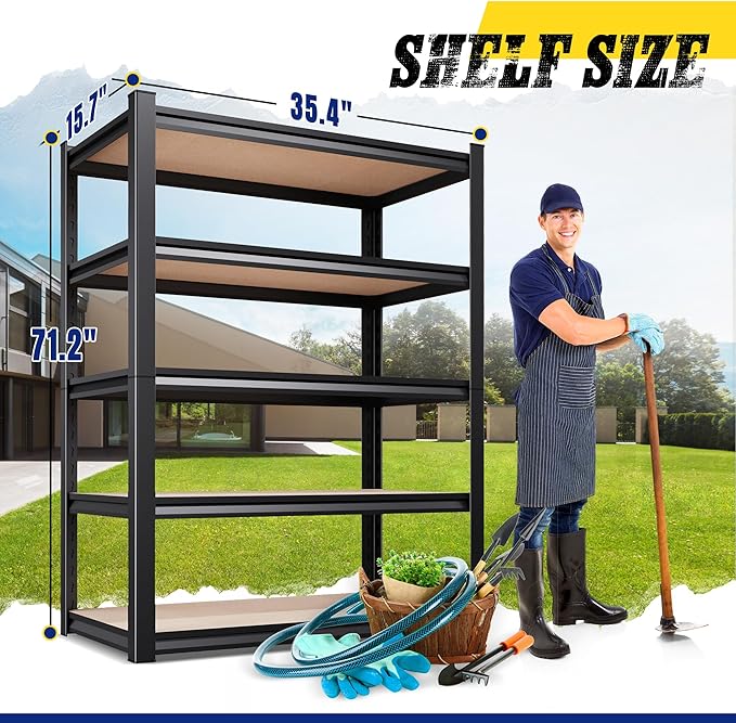 71"H-35"W-15.7"D Garage Shelving-2050LBS 5 Tier Storage Shelves,Adjustable Heavy Duty Metal Shelving Unit and Storage Large Rack,Utility Steel Shelf For Shop Warehouse Industrial Pantry Basement Black