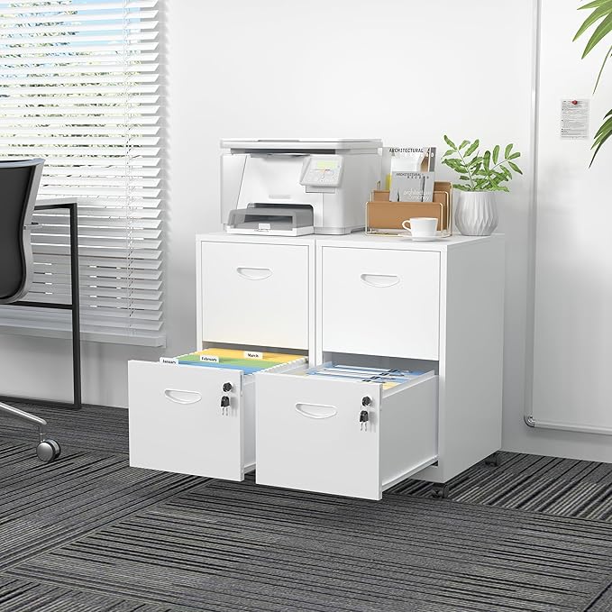 SteeLoong 2 Drawer File Cabinet with Lock，White Rolling File Cabinet for Home Office, Metal Small Mobile Filing Cabinets on Wheels for Hanging Letter
