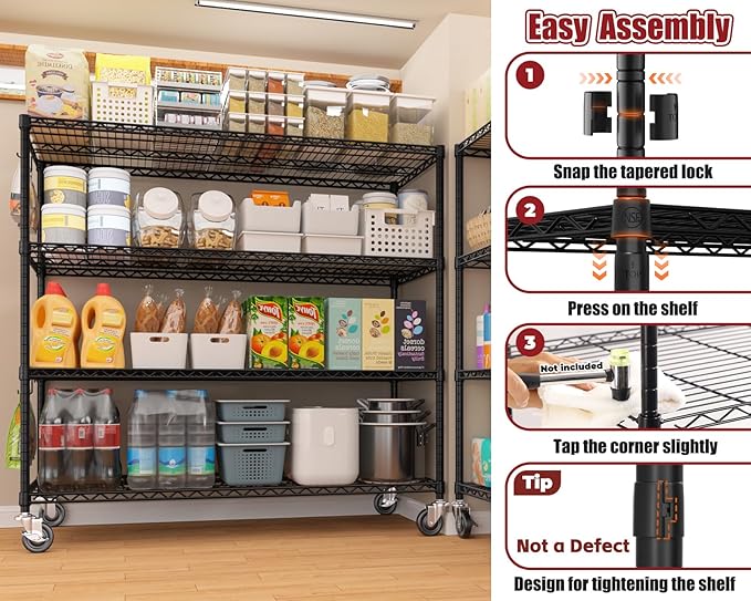 PrimeZone 3 Packs 55.5" W x 24" D x 80" H Heavy Duty Wire Storage Shelves with Wheels, 4 Tier Adjustable NSF Commercial Garage Shelving Unit, Rolling Metal Organizer Shelf Rack for Warehouse, Pantry