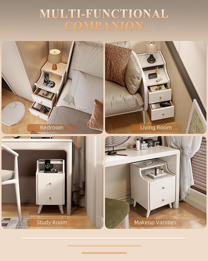 Narrow Nightstand with Drawers, 11.8" Slim Solid Wood Bedside Table with Open Shelf & Cable Hole, Modern Storage Cabinet for Small Spaces, Side Table for Bedroom & Living Room, White
